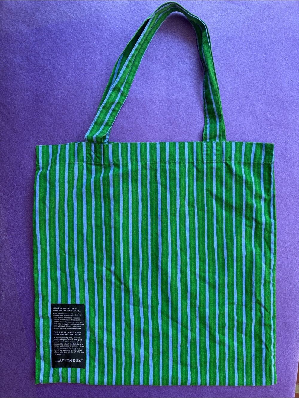 Marimekko Green and Blue Vertical Stripe Cotton Tote